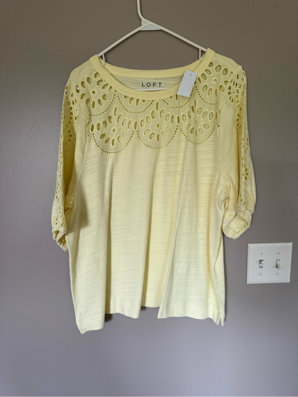 LOFT Pale Yellow Eyelet Yoke Short Sleeve Blouse